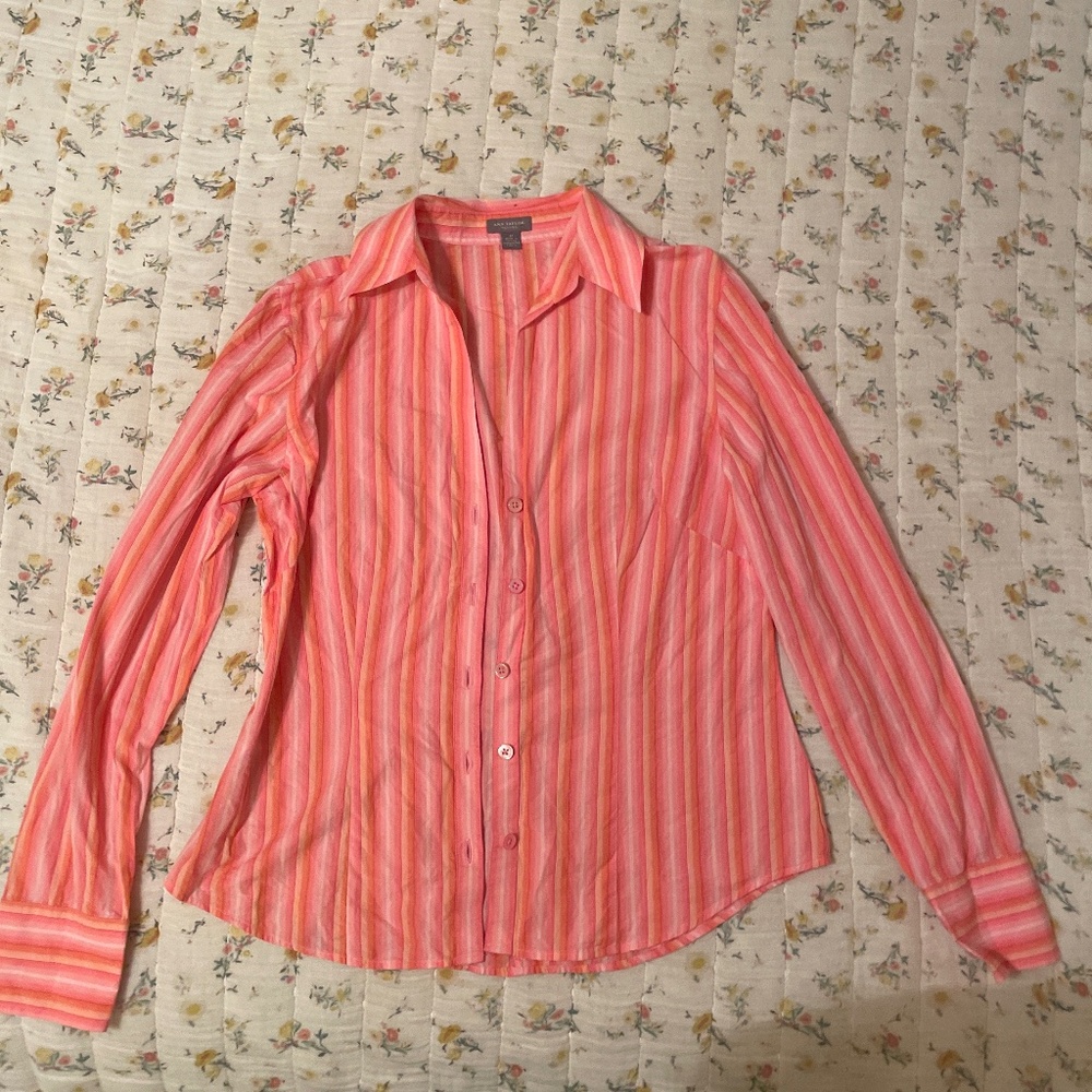 Vintage Y2K Style Pink Striped Button Down Shirt Ann Taylor